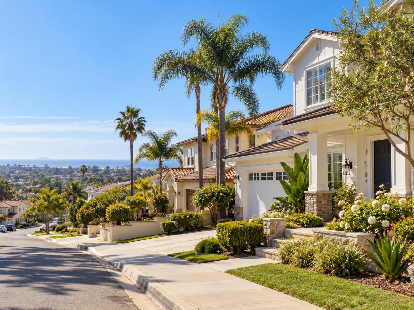 A sunlit residential street of two-story homes with palm trees and front gardens